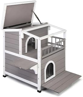 2-Story Wooden Cat House for Indoor and Outdoor Use, Grey and White