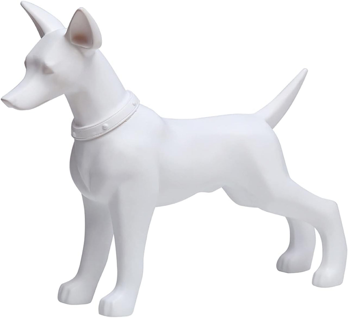 Standing PVC dog mannequin torso displaying a pet sweater