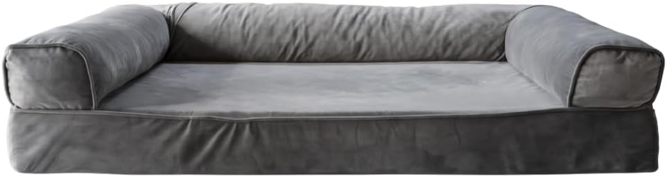 Gray sofa-style memory foam dog bed with bolstered sides