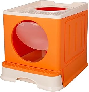 Folding Cat Litter Box with Drawer, Large, Anti-Splash, Orange