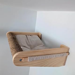 Wooden Cat Wall Shelf with Sisal Scratching Post and Removable Cushion