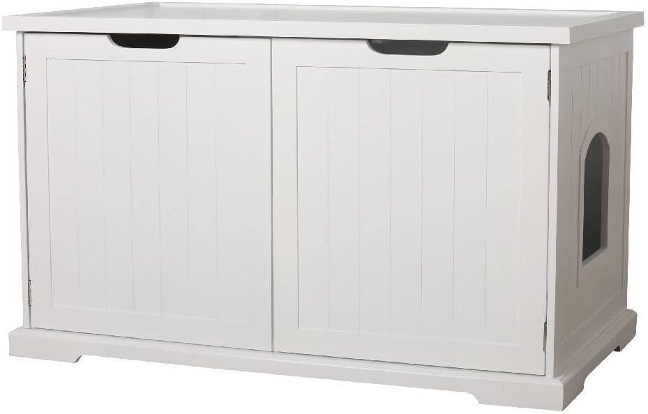 White storage bench with hidden cat litter box compartment