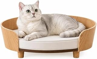 Modern Wooden Cat Bed with Removable Cushion, Natural Oak Frame, Beige Mat, Elevated