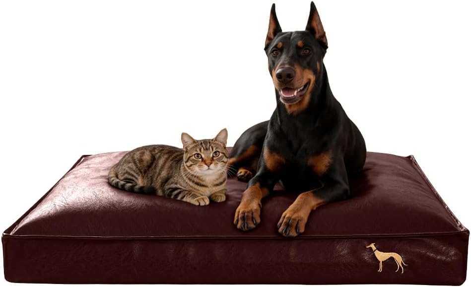 Caramel leather dog bed with wipe-clean waterproof surface
