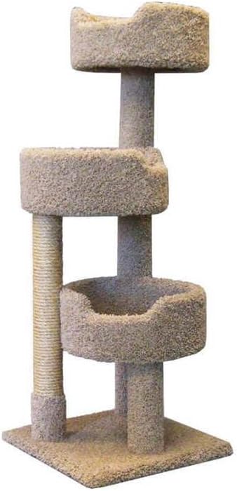 Beige carpeted cat tower with beds and scratching post