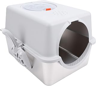 Cat Litter Box with Scoop, Odor Control and High Sides, Light Gray