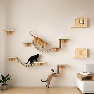 Wood 8-in-1 Cat Wall Shelves Furniture Set with Scratching Post, Climbing Wall Activity Center, Natural Wood
