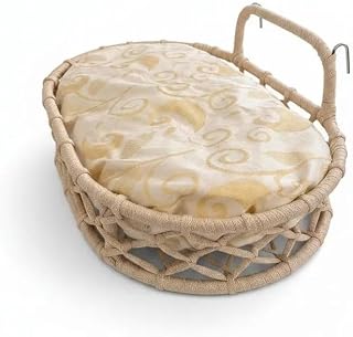 Bohemian Rattan Cat Bed with Cushion, Woven, Beige Patterned Soft Mat