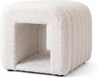 White Teddy Fleece Ottoman with Cat Cave, Foot Rest Stool, Pet Bed and Shoe Bench, 250 lb Load, Washable Pad