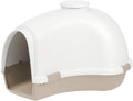 White and beige igloo dog house with dome roof and front entry