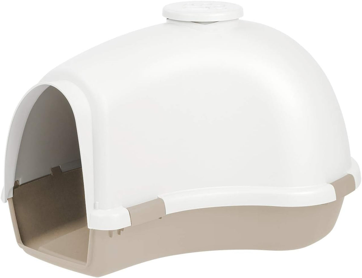 White and beige igloo dog house with dome roof and front entry