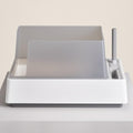 White and gray high-sided open top litter box with built-in scoop and brush