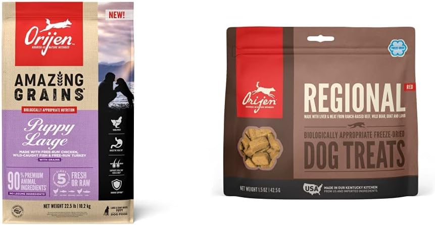 22.5 lb bag of large breed puppy dry food with freeze dried treats pouch