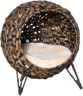 Rattan Wicker Cat House, Elevated Pod Bed with Cushion, Brown