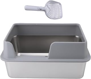 Stainless Steel Litter Pan, Large, Open Top, High-Sided, with Detachable Lid and Scoop, 19.6 x 13.7 x 9.8 in