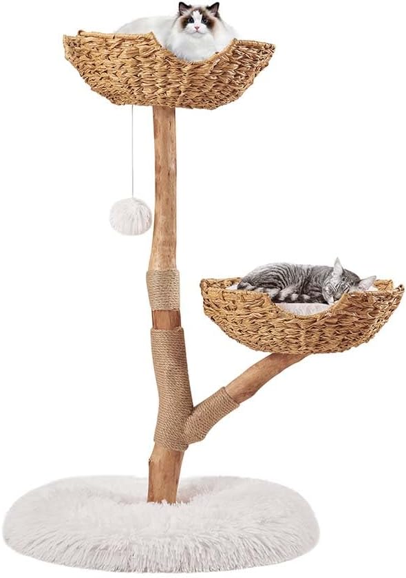 41 inch wood cat tree with two woven baskets and plush cushions