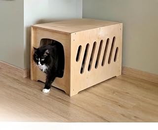 Natural Wood Cat House, Modern Wooden Cat Cave Furniture for Small Cats