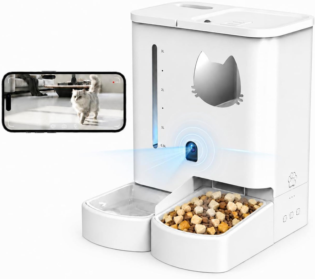 Matte white automatic pet feeder and waterer with camera