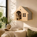 Modern Wooden Cat Wall House Bed with Removable Cushion, Natural Wood and Gray Fabric