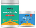 Canister of dog powder with a jar of bacon-flavored chews