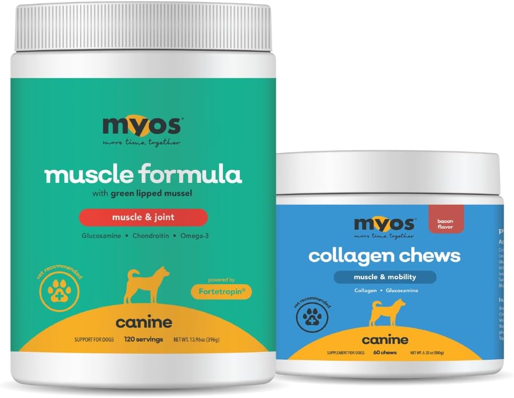 Canister of dog powder with a jar of bacon-flavored chews