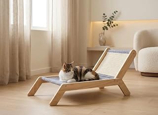 Modern Cat Hammock Bed with Natural Wood Frame, Woven Mat, Striped Edge