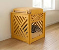 Modern Yellow Wooden Cat House with Cushion, Geometric Enclosed Cat Bed and Side Table