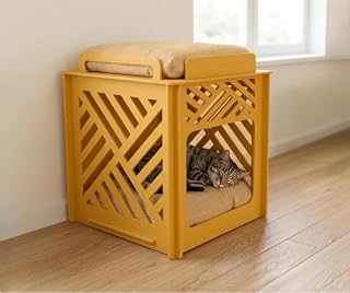 Modern Yellow Wooden Cat House with Cushion, Geometric Enclosed Cat Bed and Side Table