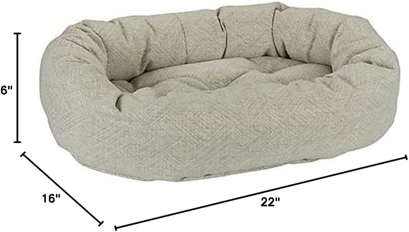 Small round donut dog bed with raised bolster ring in natura woven fabric