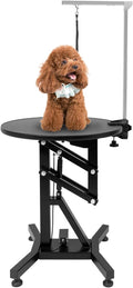 Black round pet grooming table with adjustable pedestal base