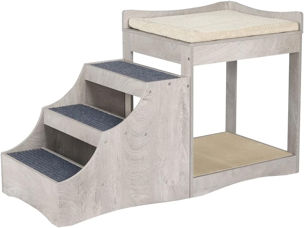 Grey multi-level pet bunk bed with carpeted step and cushion