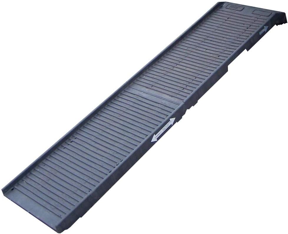 Folding dog ramp with ridged rubber surface leaning against an SUV cargo area – view 2