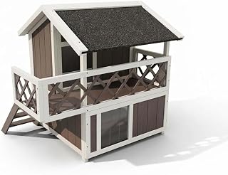 Weatherproof 2-Story Outdoor Cat House with Balcony, White and Gray