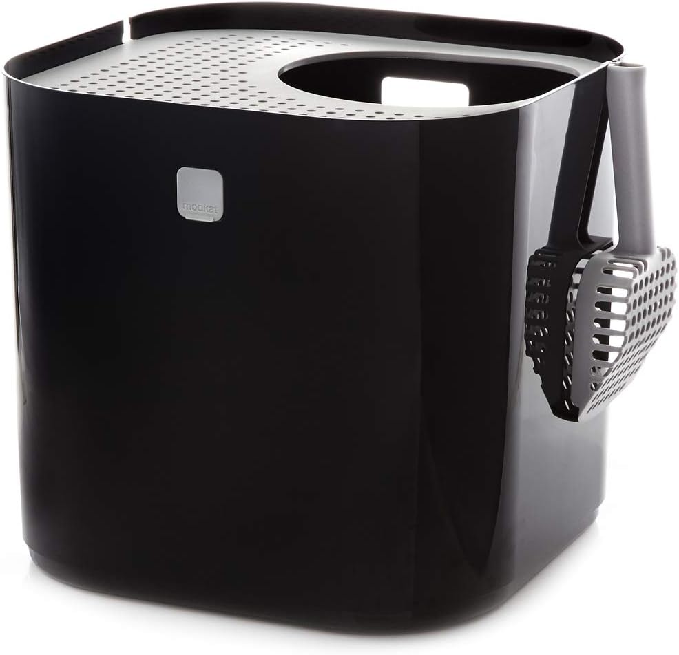 White top-entry cat litter box with textured lid and scoop – view 2