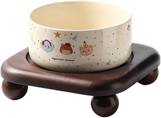 Ceramic Cat Bowl with Wooden Stand, Elevated Anti-Slip Pet Feeder