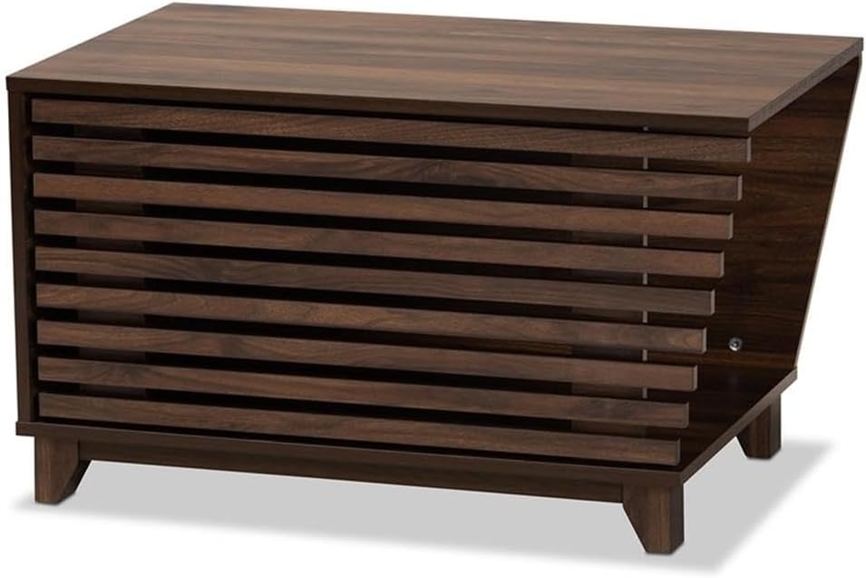 Walnut brown slatted wood litter box cover with side entrance