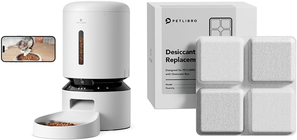 Automatic cat feeder with built-in camera next to pet food desiccant packs