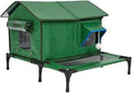 Weather Resistant Raised Cat House with Peaked Roof and Side Tunnel Opening, Green