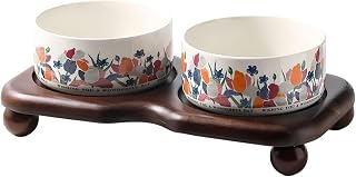 Ceramic Cat Bowl Set with Wooden Stand, Elevated Anti-Slip Pet Feeder