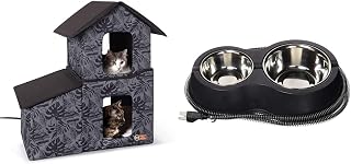 K&H Pet Products Two-Story Outdoor Multi-Kitty Shelter with Dining Room and Heated Thermo-Kitty Cafe, Gray Leaf
