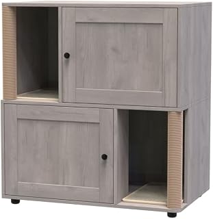 Jojoka 2-Story Double Cat Litter Box Enclosure with Scratching Post, Wooden Hidden Cabinet for 2 Cats