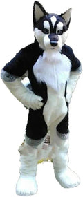Black and white long fur husky fox mascot costume with head and body