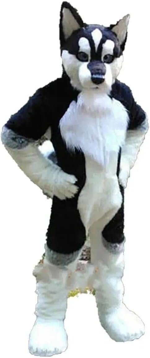 Black and white long fur husky fox mascot costume with head and body