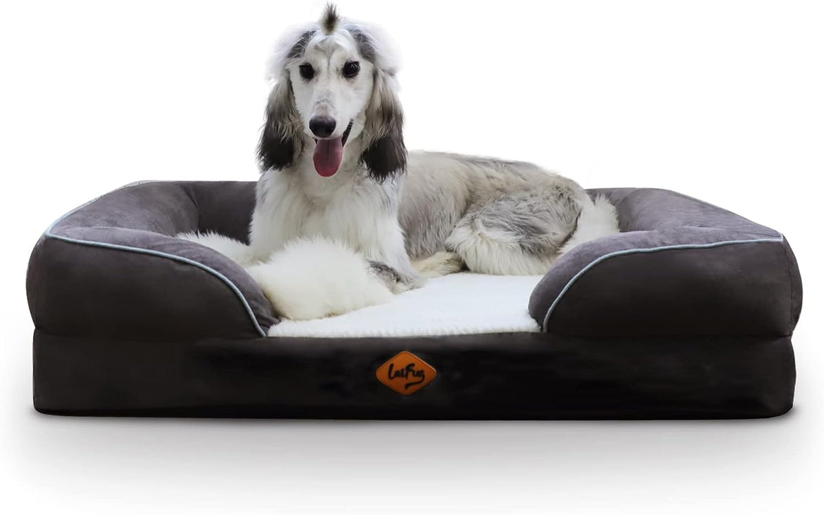 Grey orthopedic memory foam dog sofa bed with suede cover and bolster sides – view 3