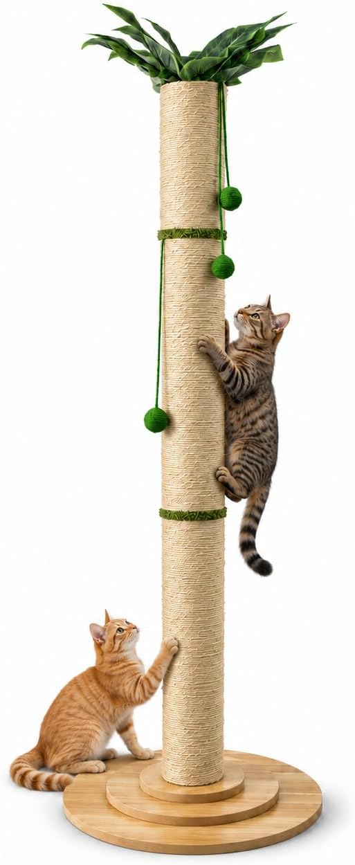 63 inch tall cat scratching post standing in a living room corner