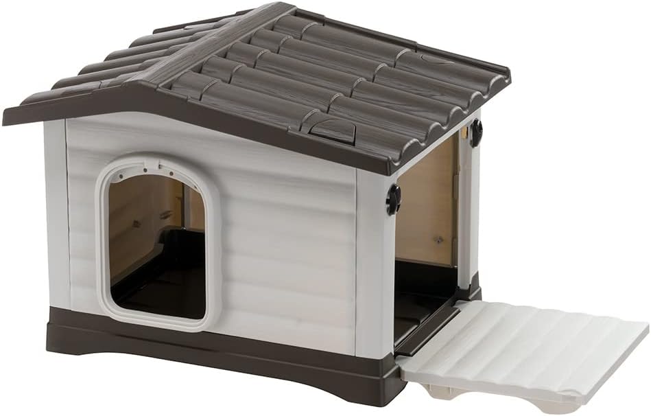 Cream and dark brown ventilated dog house with fold-out porch, medium – view 5