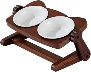 Ceramic Elevated Cat Bowl Set with Acacia Wood Stand, White