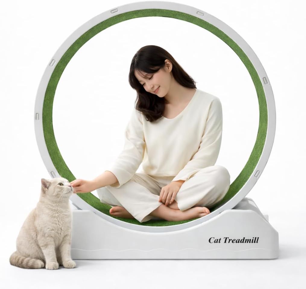 Grey 47.2-inch cat exercise wheel with grass carpet runway
