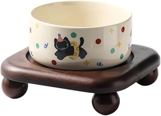 Ceramic Cat Bowl with Wooden Stand, Elevated Anti-Slip Pet Feeder