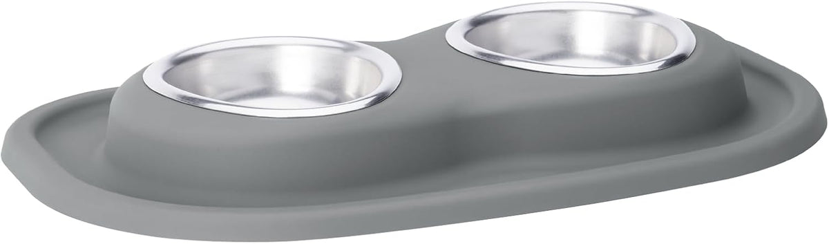 Dark grey double low pet feeding station with two stainless bowls – view 13